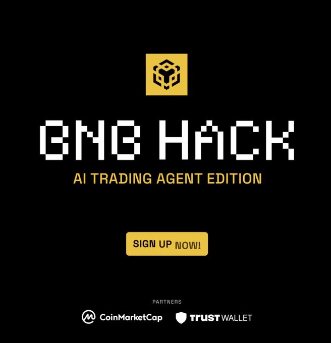 The text reads "BNB Hack" followed by the phrase "AI Trading Agent Edition", which indicates an AI trading system has been launched with a 3-week hackathon. The AI agents are designed to analyze markets and trade, providing 24/7 automation. The post also mentions that there is a prize pool of $36K for those who can create the most effective AI agent within the three weeks. There's another competitor's AI trading system in the background that has been tagged @BNBCHAIN."