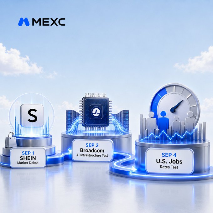 The image is a promotional graphic for TradFi Contracts, highlighting that August trading volume surpassed $100 billion (1000亿美元) with daily active trading users growing over 10% month-over-month, featuring logos of companies like Tesla, Apple, and Google on ascending blocks. The post discusses $CAW ticker activity on MEXC, where the acronym stands for "Clue All Week," connecting the upward growth theme of the TradFi promotional image to the riddle/wordplay concept behind the CAW token promotion.