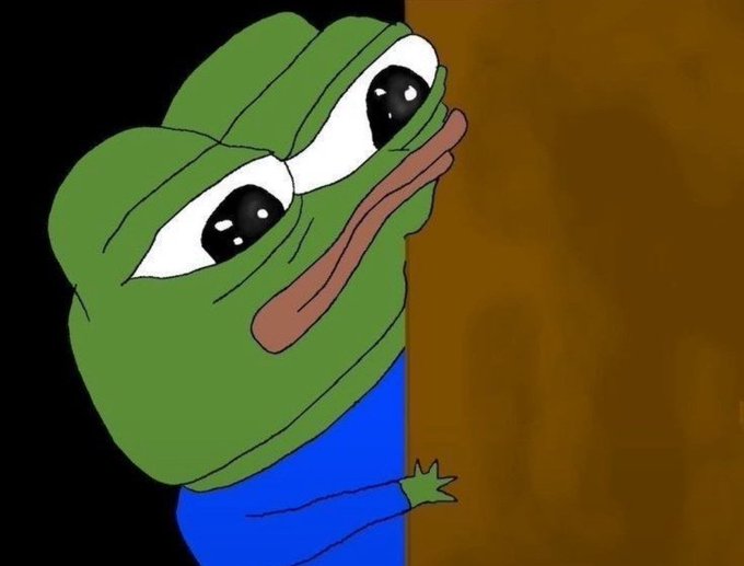 A sad Pepe the Frog peeks out from behind a brown wall or door, his downcast eyes and drooping mouth conveying a sense of defeat. The image pairs with the caption about returning to zero in web3, as the melancholy frog humorously embodies the feeling of financial losses and starting over in crypto.
