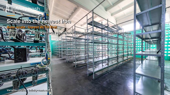 A promotional image for Infinity Hash with text 'Scale into the newest iron - Auto-scale - lowest W/kWh first' showing industrial mining equipment racks in a facility.
