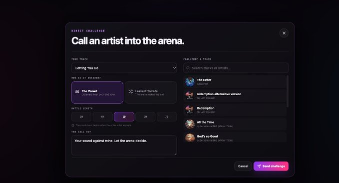 A dark-themed digital interface displays 'DIRECT CHALLENGE' with the heading 'Call an artist into the arena', showing track options like 'Letting You Go' and a search bar for tracks or artists.