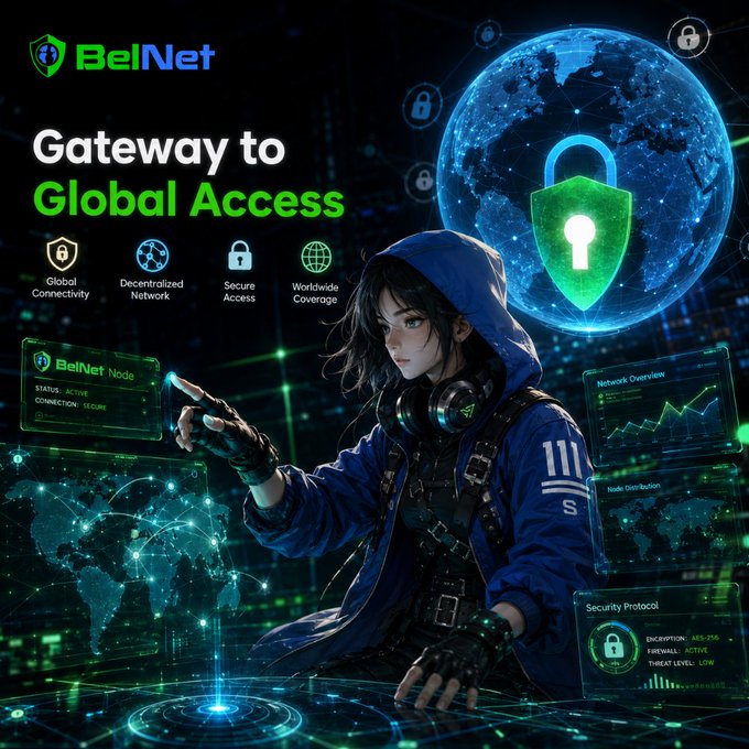 A promotional banner for 'BelNet' branding it as a 'Gateway to Global Access', featuring an anime-style hacker character with security and network interface panels.
