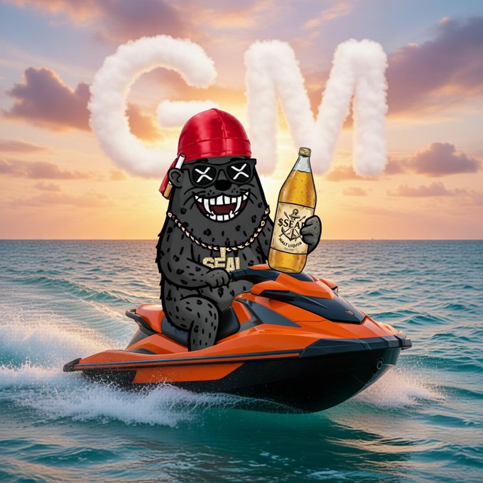 An AI-generated illustration of a gorilla wearing a red helmet and sunglasses riding an orange jet ski on the ocean while holding a beer bottle, with 'GM' spelled in clouds above.