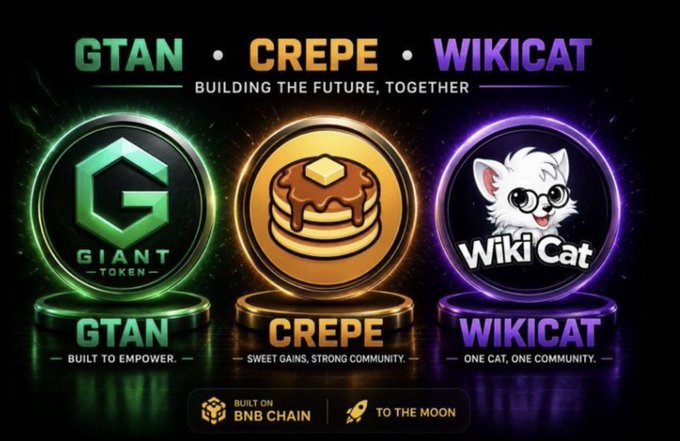 Promotional graphic for three cryptocurrency tokens: 'GTAN' (Giant Token) with a green 'G' logo, 'CREPE' with a pancake logo described as 'SWEET GAINS, STRONG COMMUNITY', and 'WIKICAT' with a white cat logo described as 'ONE CAT, ONE COMMUNITY'. Text at the bottom reads 'BUILT ON BNB CHAIN' and 'TO THE MOON'.