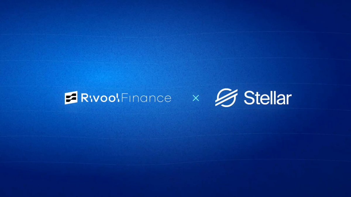 The image features a blue background with white text that reads "Rivool Finance" and "Stellar". The text is positioned at the top of the image, while the rest of the image is filled with blue color. There are no other objects or elements in the image apart from the two logos displayed on the blue background.