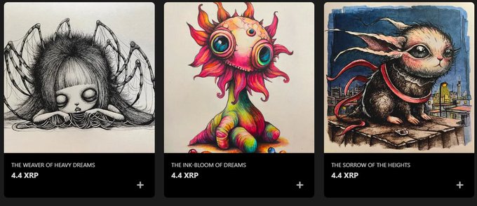 A horizontal collage of three artworks, each priced at 4.4 XRP: on the left, a black-and-white pencil drawing titled 'THE WEAVER OF HEAVY DREAMS' showing a sad girl with spider-like legs; in the center, a colorful creature titled 'THE INK-BLOOM OF DREAMS' with rainbow body and fiery sun-shaped head; on the right, a painting titled 'THE SORROW OF THE HEIGHTS' depicting a small creature with large eyes sitting on a rooftop overlooking a city.