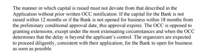 The image shows a document with text written in black ink that reads "When RNTB? The BIG question that already has an answer: @Ripple still requires OCC approval to launch a full National Trust Bank". This statement suggests that Ripple is a cryptocurrency or token, and it is seeking approval from the Office of the Comptroller of the Currency (OCC) for its launch. The document also mentions that the application must be processed within 12 months and that the bank is not open for business during 18 months.