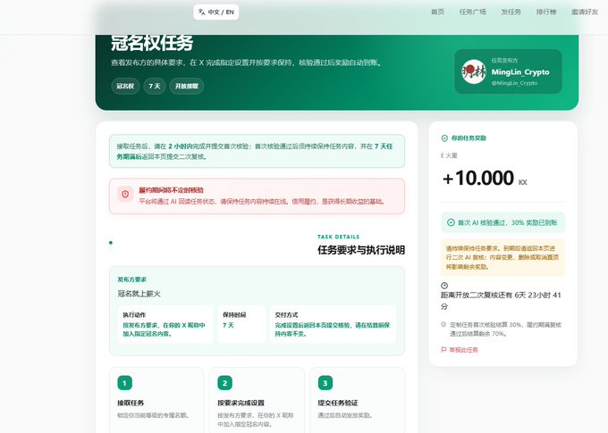 A screenshot of a Chinese-language task dashboard showing a completed task with a reward of +10.000 RX for posting on X within 2 hours.