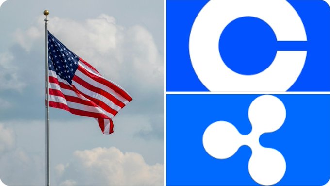 The image shows an American flag waving on the left alongside two blue panels on the right: the top displays the Coinbase "C" logo, and the bottom features the Ripple (XRP) triple-lobed symbol. This visual pairs the U.S. flag with logos of two major crypto firms referenced in the post about Ripple, Coinbase, and other crypto companies donating $189 million ahead of the 2026 midterms.
