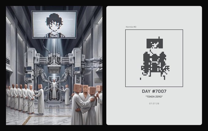 A two-panel image: left shows hooded figures with paper bag masks in a sci-fi facility beneath a pixelated portrait, right shows a pixel art "Nonnie #0" labeled "DAY #7007 'TOKEN ZERO' 07.07.26".