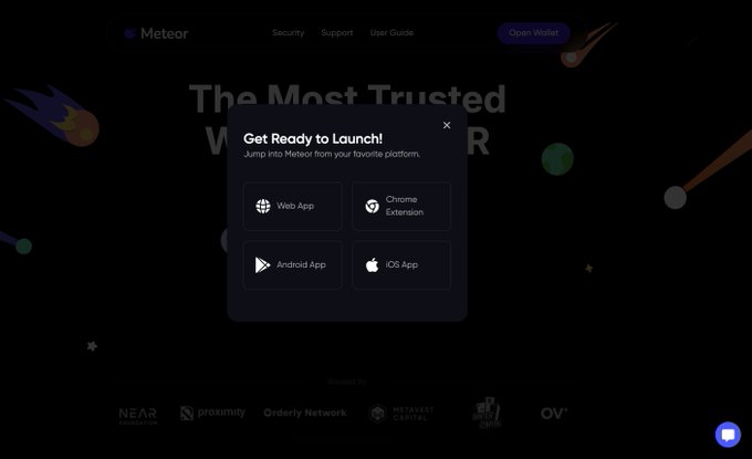 A popup on the Meteor website's "Get Ready to Launch" screen displays options to access the platform via Web App, Chrome Extension, Android App, or iOS App, reflecting the launch of Meteor—a NEAR-based wallet whose native swap functionality is powered by RHEA's DEX Aggregator V2 for better rates and lower slippage.