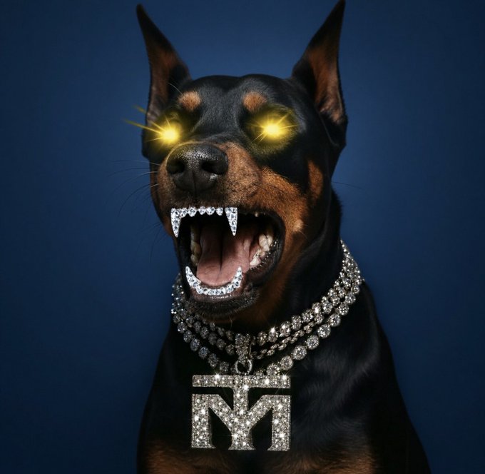 A Doberman dog with glowing yellow eyes, diamond-encrusted teeth, and a diamond chain with an "M" pendant.