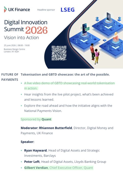 The image features an advertisement for a Digital Innovation Summit that took place in 2016, which was held by the UK Finance and Lloyds Bank. The poster displays a blue background with white text, showcasing the event's sponsors and speakers. There are two people standing next to each other on the poster, possibly representing the speakers or participants of the summit. The image also includes a code that reads "QNT" in green letters at the bottom right corner, which could be a promotional code for the event.