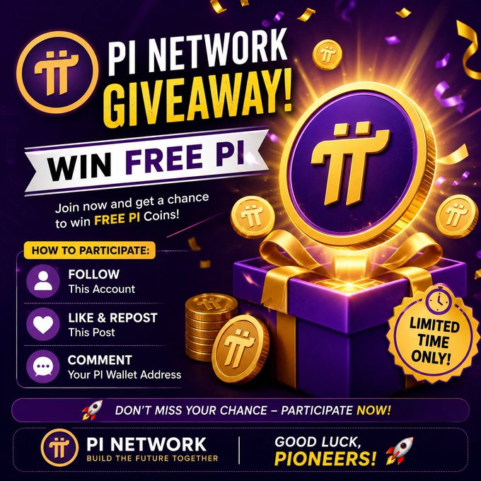 A promotional graphic for a "PI NETWORK GIVEAWAY" featuring a purple gift box with a gold ribbon and a large PI coin on top, listing participation steps (Follow, Like & Repost, Comment Pi Wallet Address) and marking it as "LIMITED TIME ONLY!" This image visually supports the post by highlighting the giveaway with engaging graphics that encourage users to interact and potentially win free PI coins.
