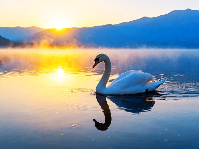 A graceful white swan glides across a calm lake at sunrise, with golden light reflecting on the water and mist hovering over distant mountains.