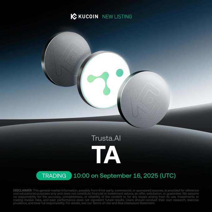 The image is a KuCoin "New Listing" announcement showcasing Trusta.AI (TA) token, featuring three metallic 3D coins with the green Trusta.AI logo against a dark gradient background, with text indicating that TA/USDT trading begins at 10:00 UTC on September 16, 2025. The graphic visually promotes the launch announcement described in the accompanying post about Trusta.AI joining KuCoin to expand its on-chain reputation and identity network.