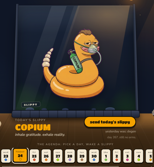A digital display shows "Today's Slippy" named "COPIUM," depicted as an armless orange snake wearing an oxygen mask with a tank labeled "COPIUM," accompanied by the tagline "inhale gratitude. exhale reality." and a "send today's slippy" button, with a calendar showing day 267 marked "TODAY 24." This aligns with the post about SlippyClub's daily NFT releases, where each day a different armless snake character wakes up with a unique personality—here, "Copium" embodies themes of denial and self-delusion through its oxygen mask accessory.