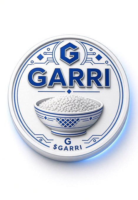 A circular crypto token/coin design labeled 'GARRI' features a bowl of white granular substance (resembling garri/cassava flakes) with circuit board styling and a 'G' logo at the top.