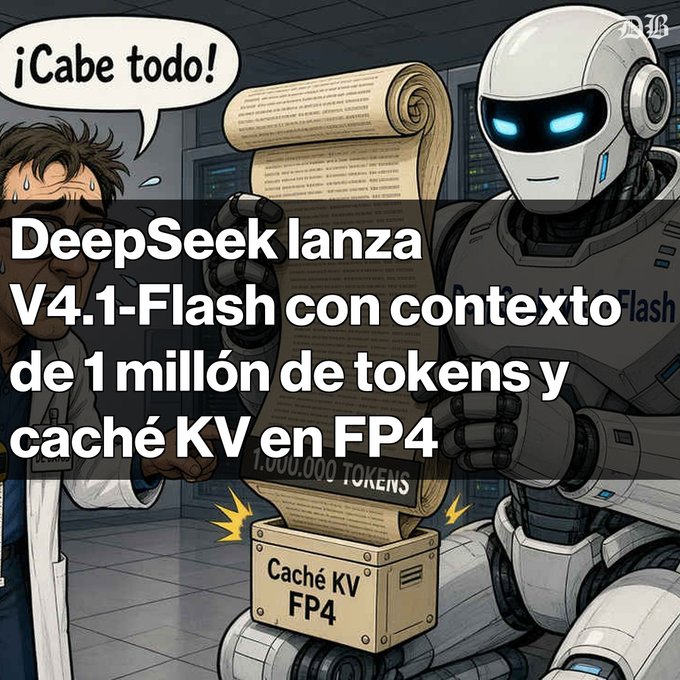 A cartoon-style meme with a Spanish caption about DeepSeek launching 'V4.1-Flash con contexto de 1 millón de tokens y caché KV en FP4', showing a robot holding a long scroll labeled '1.000.000 TOKENS' emerging from a box labeled 'Caché KV FP4'.