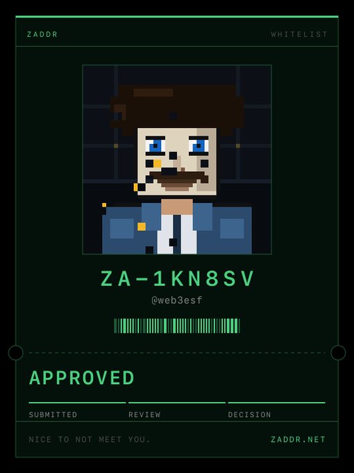 A pixel art ID card for 'ZA-1KN8SV' (@web3esf) on 'ZADDR' with 'WHITELIST' status, showing a brown-haired character and an 'APPROVED' status.