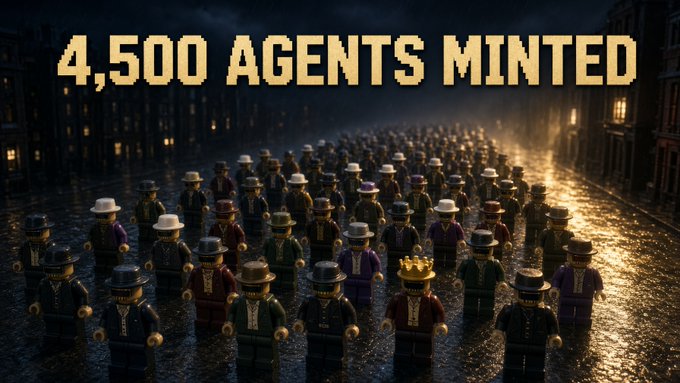 A vast crowd of identically dressed agent figures in suits and hats fills a dimly lit cobblestone street, visually representing the milestone announcement that "4,500 AGENTS MINTED"—exactly matching the post's progress update of 4,500 out of 7,777 agents claimed, with the densely packed figures symbolizing a collection now past halfway sold.