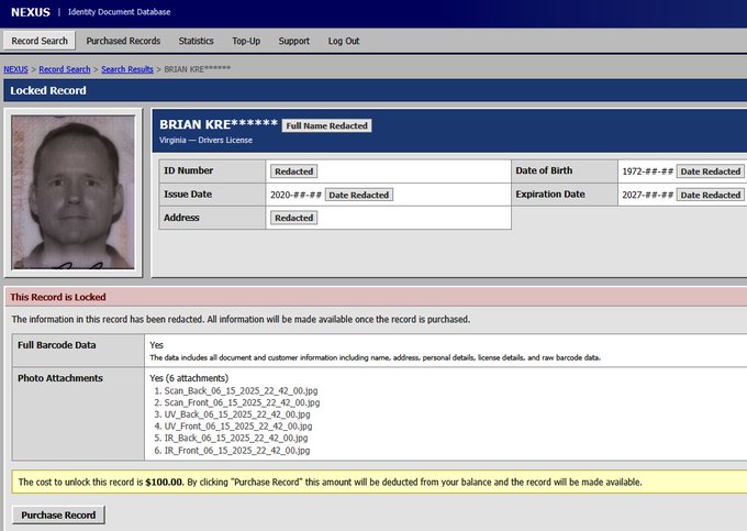A screenshot of the NEXUS Identity Document Database showing a locked record for "BRIAN KRE*****" with redacted personal details, including a Virginia driver's license issued in 2020, with photo attachments and a $10.00 fee to unlock the data—illustrating the IDScan breach where hackers accessed and released over 153 million U.S. and Canadian driver's licenses.