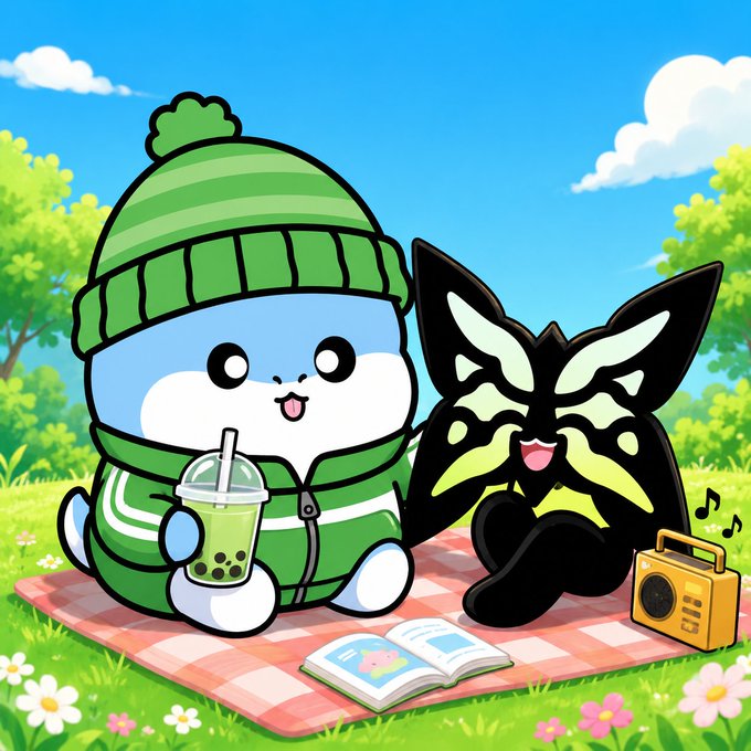 The image features two cartoon characters, one wearing a green hat and the other dressed as a butterfly, sitting together on a blanket outdoors. The character in the green hat has a drink in their hand while the butterfly character appears to be reading a book or magazine. The background of the image is filled with trees and flowers, creating a serene atmosphere for the characters' gathering.