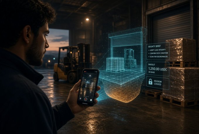 A digitally rendered scene showing a man holding a smartphone in a warehouse at dusk, with a holographic AR interface projecting a 3D blueprint of a forklift and shipping containers, displaying a 'Bounty Brief' and a payout of 1,250.00 USDC in escrow.