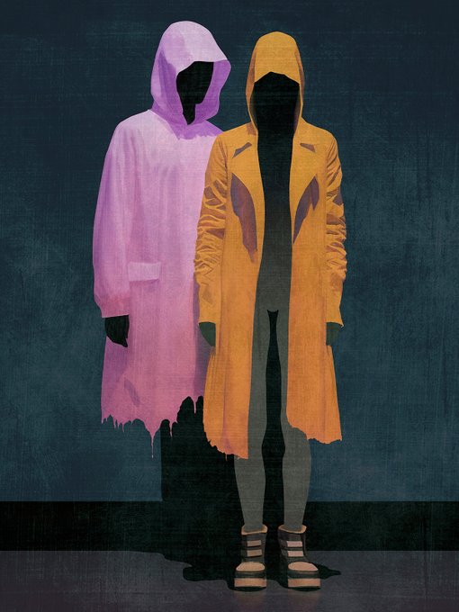 A minimalist digital illustration of two faceless figures wearing hooded coats—one pink and one orange—standing against a dark teal background.