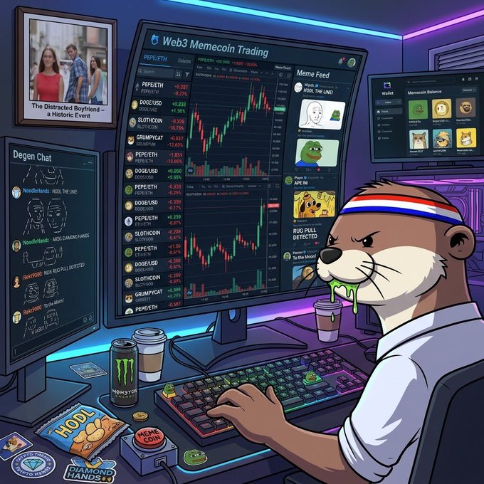 A cartoon illustration of a sea lion character wearing a red, white, and blue headband, trading on a computer showing 'Web3 Memecoin Trading' charts with tickers like PEPE/ETH and DOGE/USD while drinking from a sloth-themed cup.