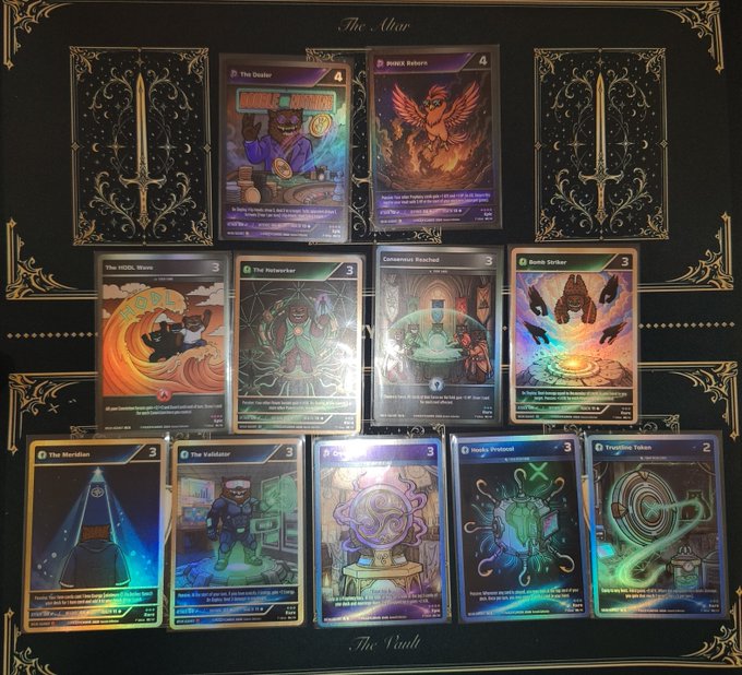 A collection of holographic trading cards titled 'The Altar' and 'The Vault' displayed on a dark ornate background, including 'The Dealer', 'Direct Return', 'The MOO Wave', 'The Researcher', 'Glassman's Reachout', 'Bomb Striker', 'The Meridian', 'The Validator', 'Crisis', 'Hooks Protocol', and 'Trophies Token'.