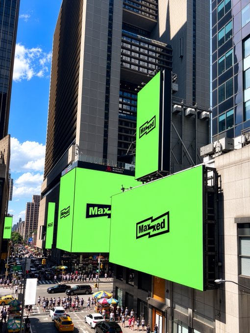 Bright green digital billboards displaying the word "Mawred" are mounted on buildings overlooking a busy city street with yellow taxis and pedestrians.