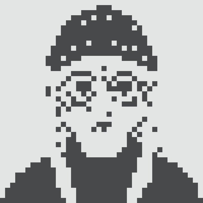 A pixel art black-and-white portrait of a person wearing glasses and a beanie, rendered in a retro 8-bit style.