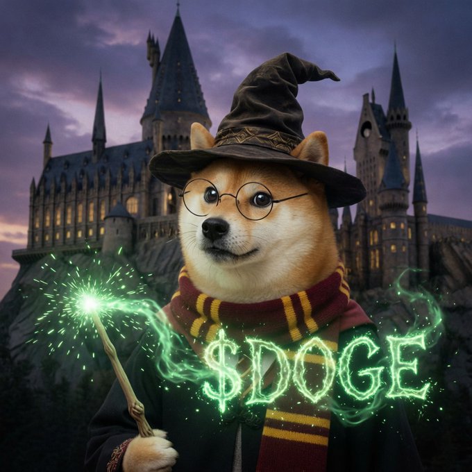 A Shiba Inu dressed as Harry Potter, complete with a wizard hat, round glasses, and a Gryffindor-style scarf, wields a glowing green wand that magically spells out "$DOGE" in front of Hogwarts castle—casting a spell to send Dogecoin to a dollar.