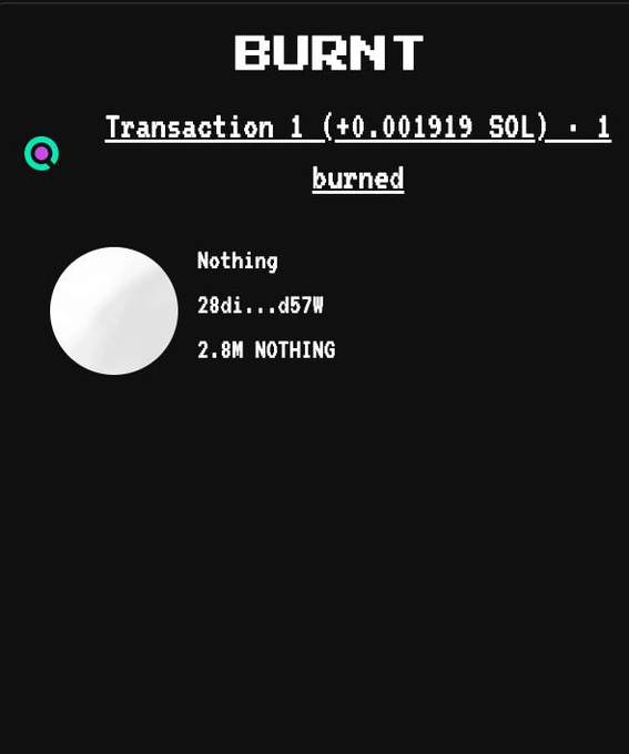 A black digital screen displays 'BURNT' at the top, followed by 'Transaction 1 (+0.001919 SOL)... 1 burned' and details for 'Nothing' valued at 2.8M NOTHING.