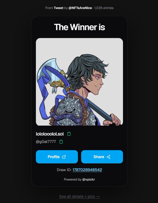 The image displays a giveaway winner announcement from a tweet by @NFTsAreNice, showing that @g0at7777 (wallet: lololoooool.sol) won the cashcat NFT from 1,035 entries, with draw ID 1787028948542, directly corresponding to the accompanying congratulatory message.