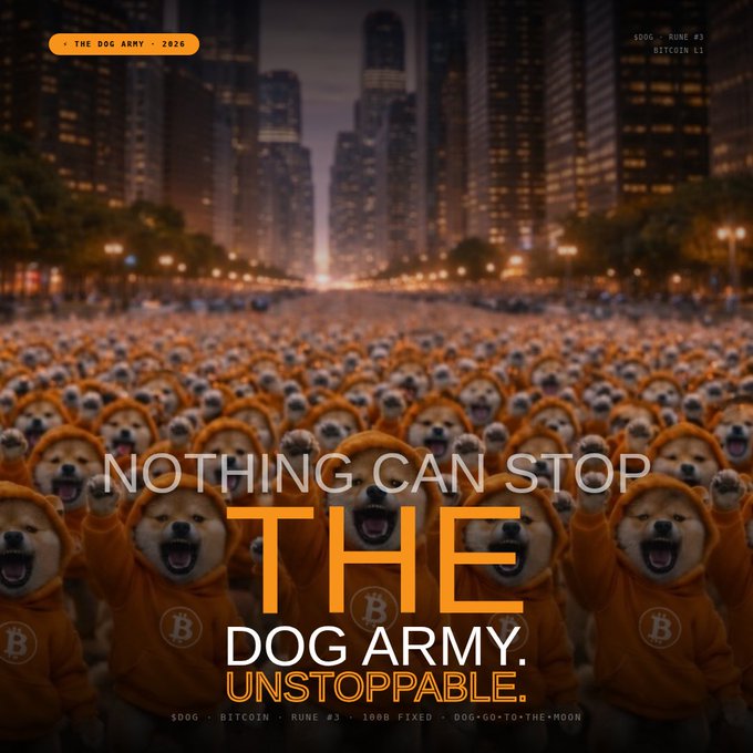 A promotional poster featuring an army of Shiba Inu dogs wearing Bitcoin hoodies marching through a city, with text reading 'NOTHING CAN STOP THE DOG ARMY. UNSTOPPABLE.' along with 'THE DOG ARMY - 2026' and ticker references including '$DOG', 'RUNE #3', and 'BITCOIN L1'.