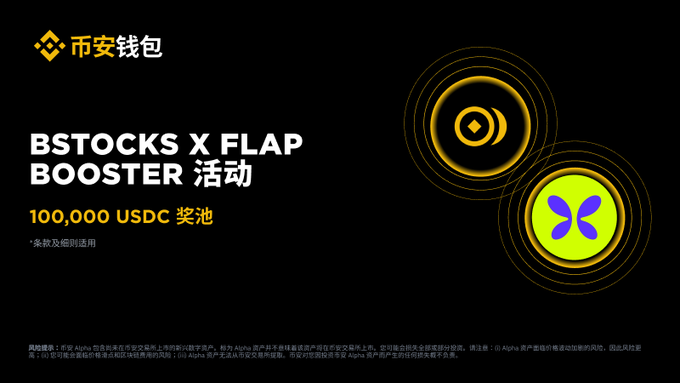 A promotional graphic for "币安钱包" (Binance Wallet) advertising the "BSTOCKS X FLAP BOOSTER" event with a 100,000 USDC prize pool.