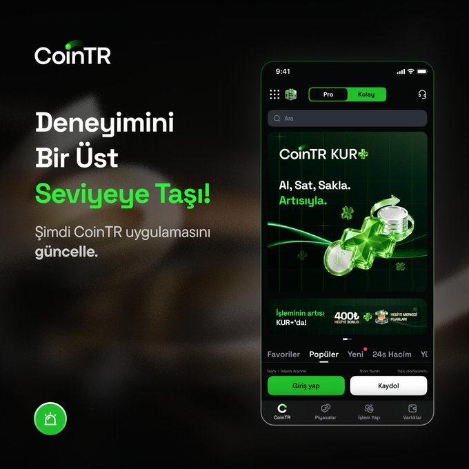 Turkish-language advertisement for the CoinTR app ('Deneyimini Bir Üst Seviyeye Taşı!') showing a smartphone mockup of the app's interface with options to sign in (Giriş yap) or register (Kaydol).