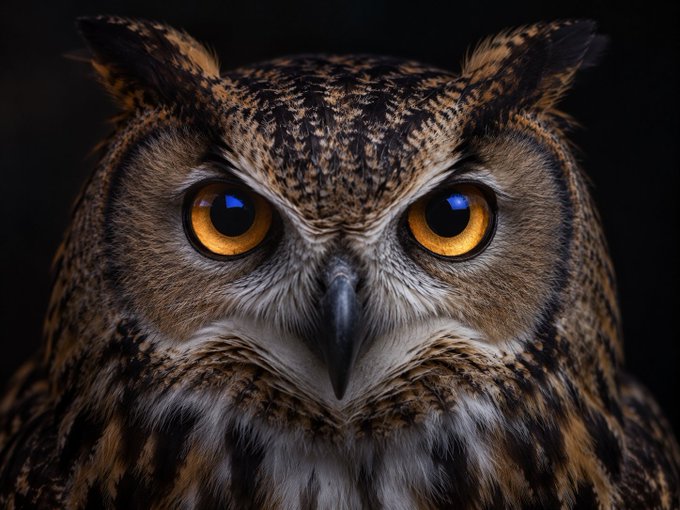 A close-up portrait of an owl with piercing golden eyes stares directly into the camera against a dark background. The owl's intense, unwavering gaze embodies the focused determination needed to stay alert—"the market rewards the ones who stay awake."