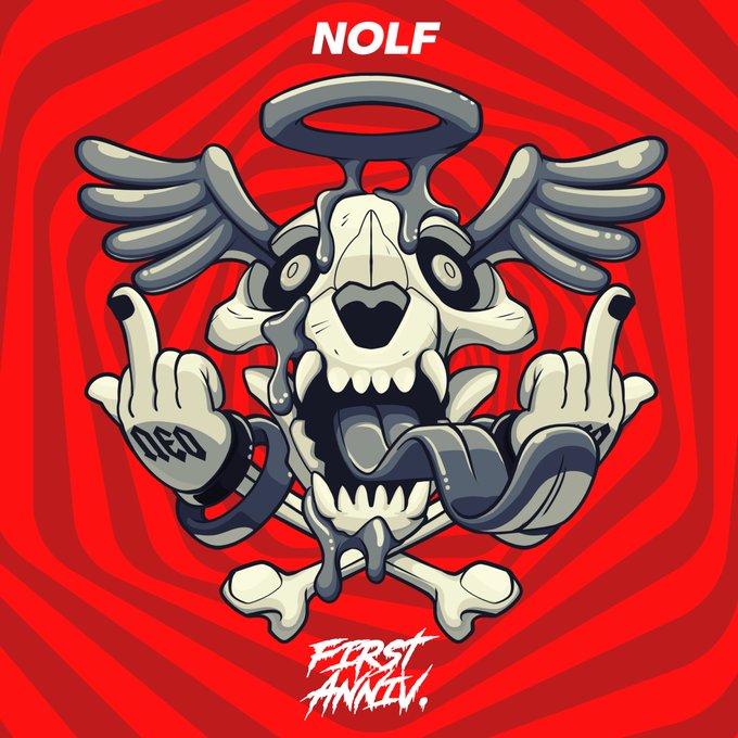 A stylized red and white graphic illustration with 'NOLF' text at the top and 'FIRST AWAY' at the bottom, featuring a cartoonish skull character with wings, a halo, and both middle fingers raised.