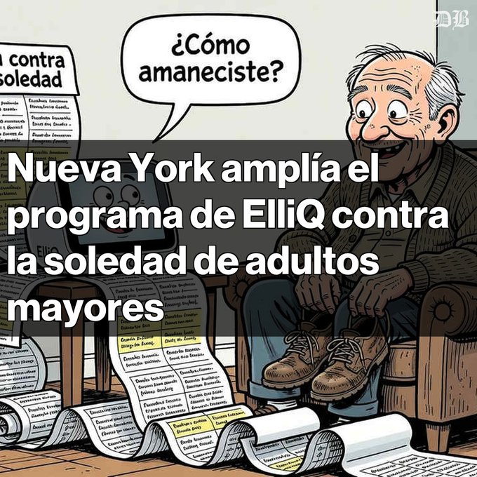 A cartoon illustration of an elderly man with an ElliQ AI device saying '¿Cómo amaneciste?' (How did you wake up?), with Spanish text overlay reading 'Nueva York amplía el programa de ElliQ contra la soledad de adultos mayores' (New York expands the ElliQ program against loneliness in older adults).