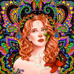 A digital portrait of a red-haired woman with a green leaf on her lips, set against a vibrant, psychedelic, paisley-patterned background of hearts, flowers, and a butterfly.