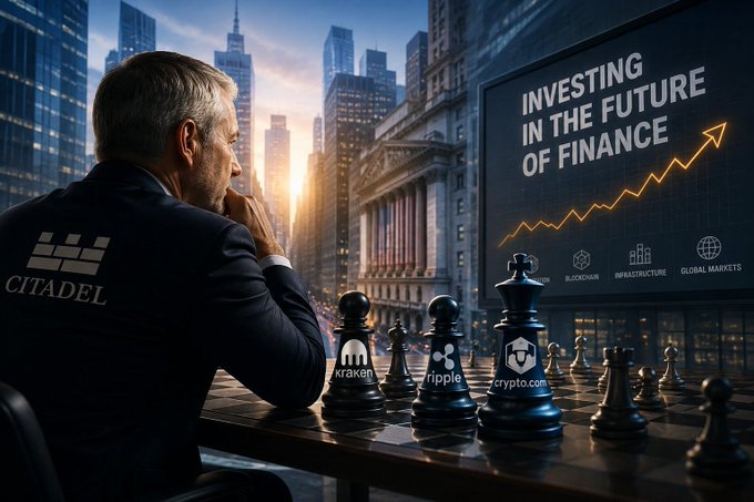 An image showing a man in a 'CITADEL' suit contemplating a chessboard with crypto-branded pieces (Kraken, Ripple, Crypto.com), while a screen displays 'INVESTING IN THE FUTURE OF FINANCE' with an upward trend graph.