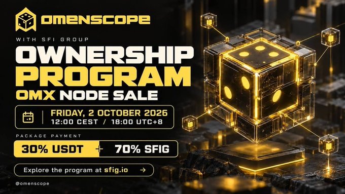 A promotional banner for the 'Omenscope Ownership Program' and 'OMX Node Sale' with SFI Group, scheduled for Friday, 2 October 2026, with payments accepted as 30% USDT + 70% $FIG, set against a 3D golden dice graphic.