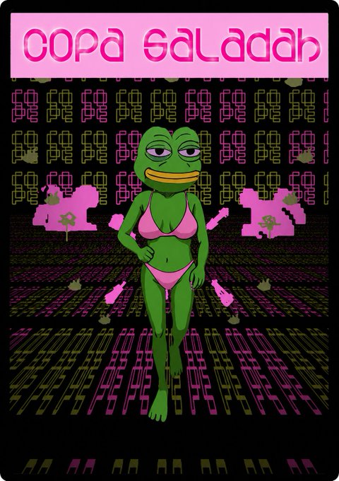 An anthropomorphic Pepe the Frog in a pink bikini stands in a surreal pink and green pixelated landscape, with the stylized pink text "COPA SALADDAH" displayed in a banner at the top of the image. The composition fits the post's caution "careful what you wish for boss..." with its distorted Pepe imagery, evoking XCOPYART's signature glitchy, meme-influenced crypto-art aesthetic.