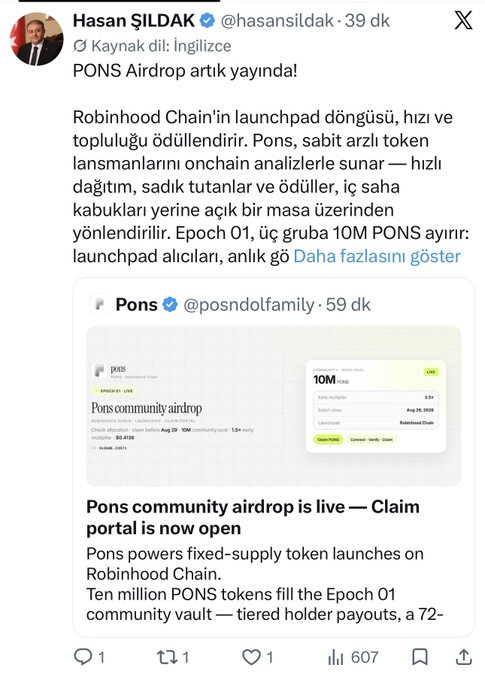 The image shows a Turkish-language X post from a verified account "Hasan ŞILDAK (@hasansildak)" promoting a "PONS Airdrop" with claims of "10M PONS" tokens being distributed via a "Pons community airdrop" claim portal on Robinhood Chain. Given the accompanying warning that the Governor's account has been hacked, this post appears to be a fraudulent crypto scam using the compromised verified account to lure victims into clicking malicious airdrop links.