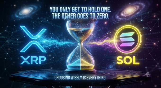 A graphic showing XRP and SOL cryptocurrencies on either side of an hourglass with the text 'YOU ONLY GET TO HOLD ONE. THE OTHER GOES TO ZERO.'