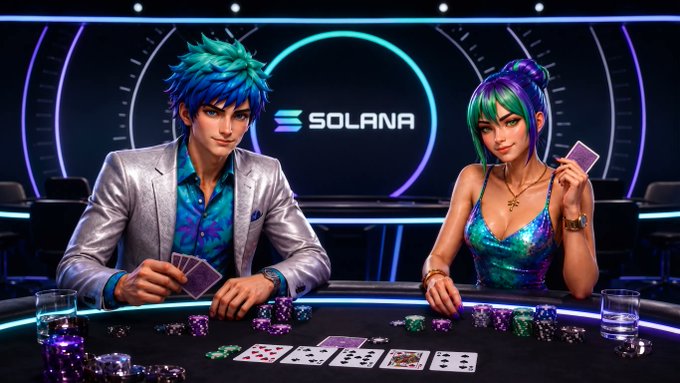 Two animated characters—a blue-haired man in a silver suit and a teal-haired woman in a sequined top—sit at a high-stakes poker table adorned with chips and cards, with the Solana logo glowing in the background, visually tying into the post's promotion of three Solana-based poker platforms.