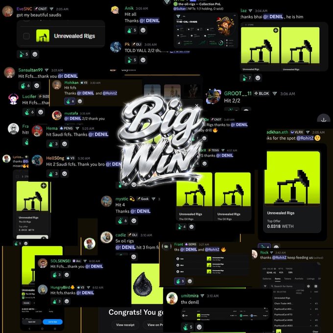 A collage of chat messages and "Big Win" graphics congratulating @0xDenil for providing NFT spot allocation services, with multiple users (EveSNC, Anik, Maz, Lucifer, Rox, KaSaa, and others) posting "thanks" messages alongside green checkmarks indicating successful hits during the FCFS (First Come First Served) phase, alongside an "Unrevealed Rigs" NFT preview showing pixelated green oil rigs with metrics like "0.6435 WETH" and "0.0318 WETH."